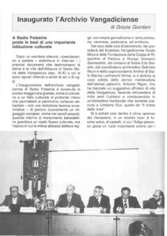 Prima pagina originale dell’articolo Inaugurato l’Archivio Vangadiciense