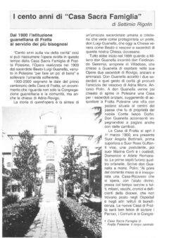Prima pagina originale dell’articolo I cento anni di “Casa Sacra Famiglia”